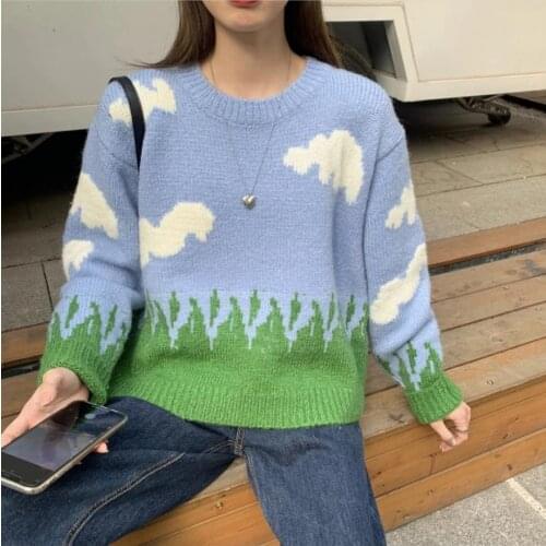 2021 Fashion Women Cloud Knitted Crew Neck Sweaters Pullovers Casual Winter Warm Womens Girls Long Sleeve Loose Sweater Tops
