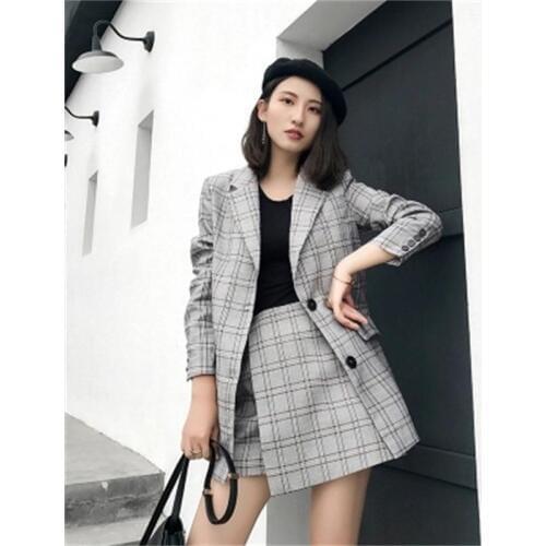 Fashion Plaid suits Womens Small suit short skirt suit female New temperament casual British style retro suit two-piece female