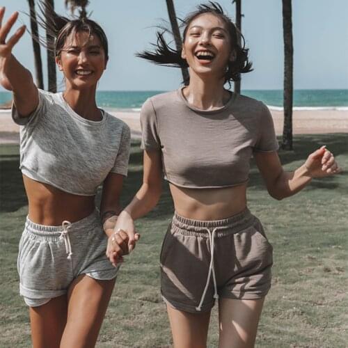 2021 Two Piece Set Womens Summer Suit Shorts Sportswear Short Sleeve Crop Tops Drawstring Shorts Suits Ladies Casual Tracksuit