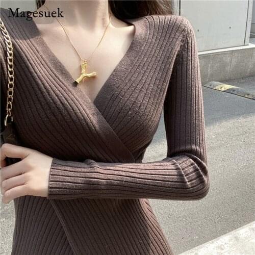 Elegant Autumn Winter 2021 New Knitted Shirt for Women Solid V-neck Long Sleeve Tops Sexy Cross Irregular Womens Sweater 16090