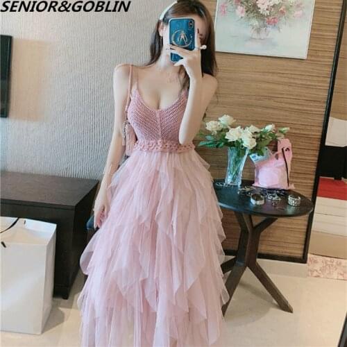 2020 Summer Party Dress Solid Irregular Ruffles Mesh Knit Patchwork Spaghetti Strap Women Dress Sexy Backless Cake Long Dress