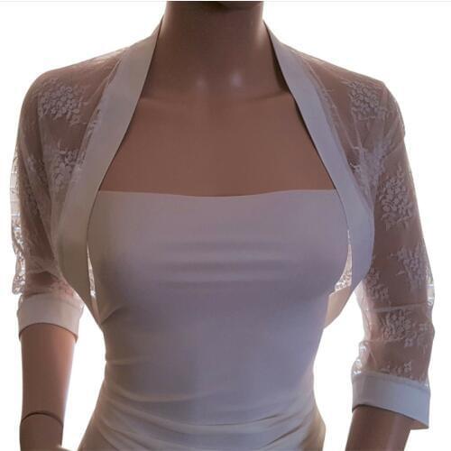 Womens Ivory Lace wedding Batwing Bolero 3/4 Long Sleeve Bridal Jacket Satin Edge