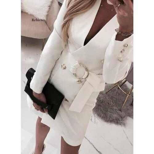Women Office Lady Mini Deep V-Neck Slim Dress Full Sleeve Dress Autumn Winter New White Shoulder Solid Color