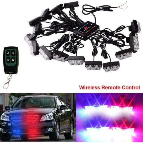 16 in 1 Wireless Control Red Blue Flashing Lamp Car Dash Grille Grill Warning Light Bars 32 LED Emergency Strobe Lights Kit