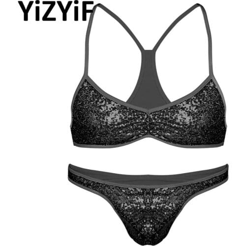 2Pcs Mens Sequin Bralette Bra Tops Thong Sissy Lingerie Set Crossdress Nightwear