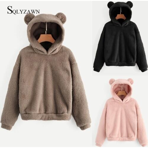 2020 Women Sweatshirt Warm Bear Shape Fuzzy Hoodie Pullover Women Sweatshirt Womens Long Sleeve Fleece Sweatshirt