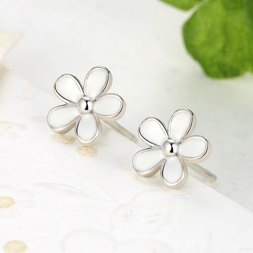 BK 925 Sterling Silver Darling Daisy Stud Earring White Enamel With Clear CZ Compatible with Jewelry Special Store