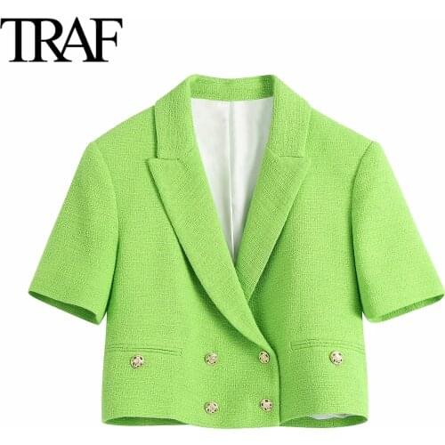 Traf Za Women Clothing Blazer Office Business Tweed Top Ladies Jackets Fashion Leisure Short Sleeve Suit Coat