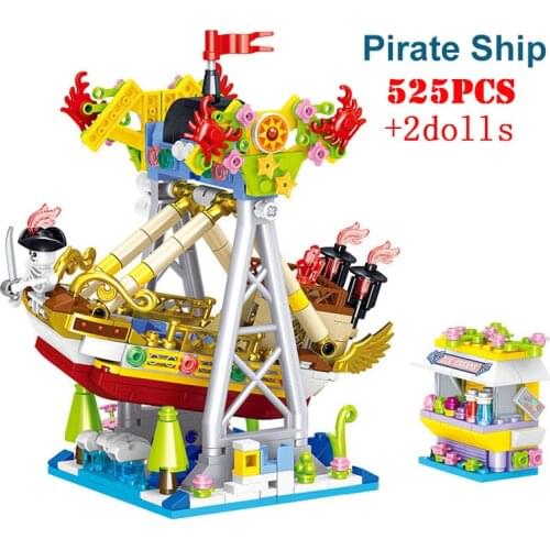 City Friend Mini Playground Building Blocks Carousel Roller Coaster Pirate Ship Bumper Car Model Set Figures Bricks Children Toy