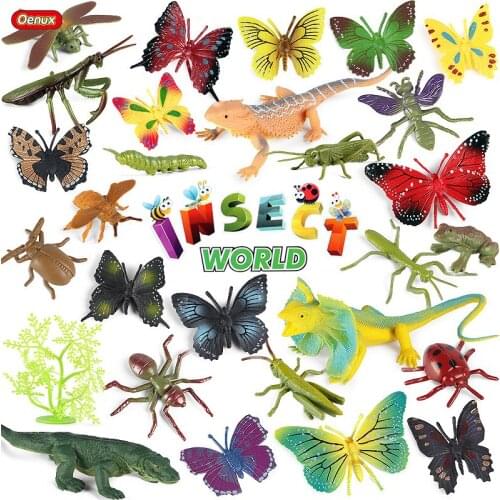 Oenux Wild Insects Playset Spider Butterfly Lizard Scorpion Animals Action Figures School Educational PVC Model Toys Kids Gift