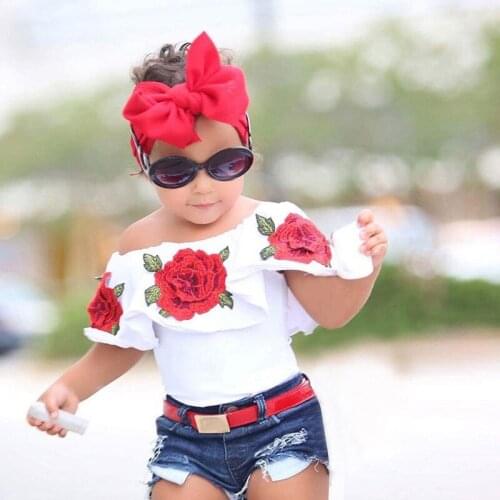 Ins hot style childrens clothing hot summer girls set Kids rose shoulder shirt with jean shorts outfit Free shipping