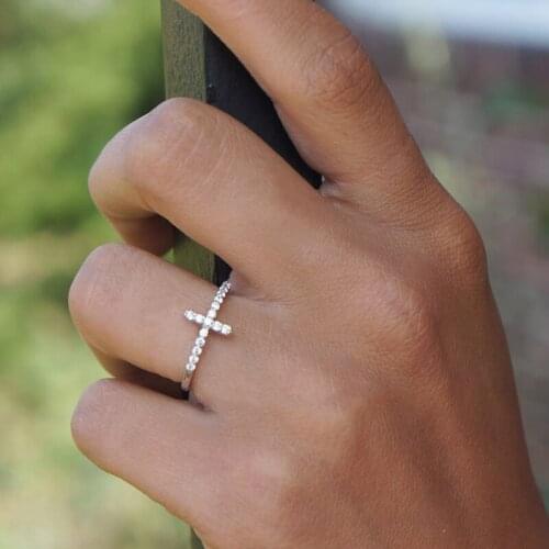 Jesus Cross Diamond Ring Silver And Rose Gold Christian Faith Finger Rings For Woman Gifts Jewelry