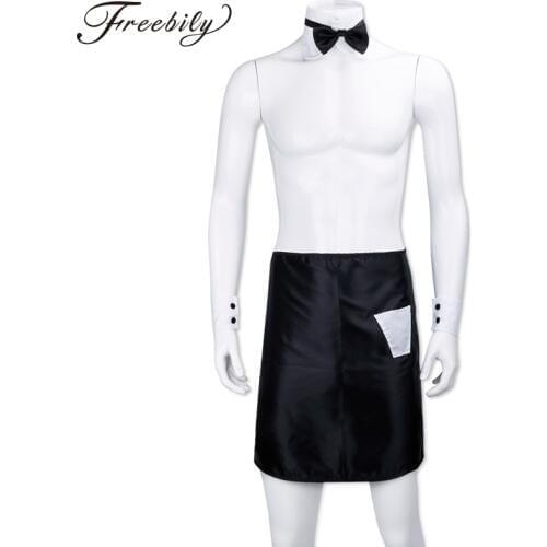 Sexy Backless Mens Bow Tie Collar Cuffs Aprons Stripper Set Butler Waiter Fantasy Cosplay Costume Dress Up Valentines Outfit