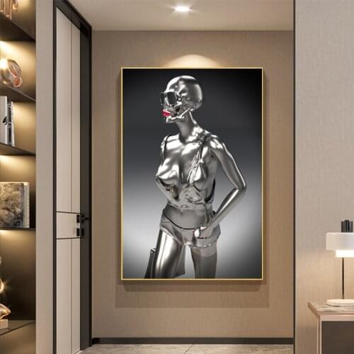 Red Lips Metal Women Sculpture Art Canvas Painting Wall Art Posters and Prints Sexy Girl Statue Wall Picture Living Room Decor