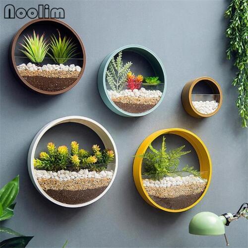 Nordic Creative Iron + Glass Round Wall Hanging Vase Home Balcony Flower Basket Living Room Decoration Colorful Flower Holder