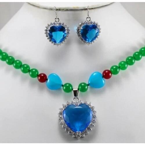 Fashion design 8mm green Malay jade + blue heart Accessories + metal silver plated heart Accessories + Earring Set
