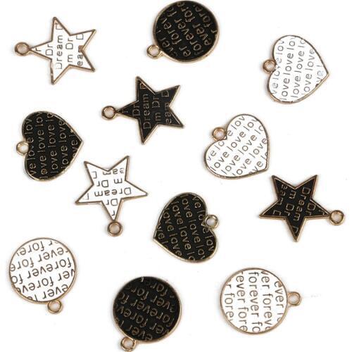 10pcs Fashion Star/Heart/Round Black White Letter FOREVER Metal Alloy Enamel Charm Pendant for DIY Craft Jewelry Findings Making