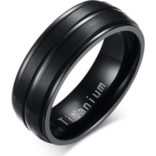 Customize Black Titanium Rings for Men 8mm 7mm 6mm wide, Comfort fit Brushed Grooved Wedding Band