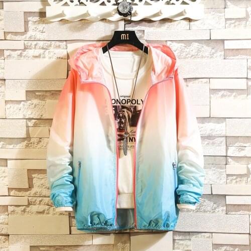 New Summer Bomber Jacket Men Casual Gradient Sun protective clothing Zipper Thin Hooded Coat Outwear Male Jackets 10 Colors