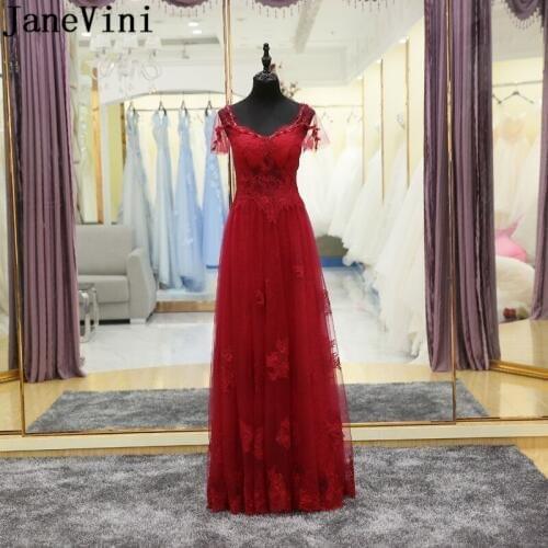 JaneVini Burgundy Beaded Neck Long Ladies Dresses For Wedding Party Women Lace Floor Length Flowers Bridesmaid Dresses Girl 2018