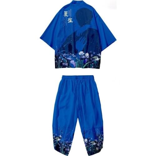 Plus Size XS-6XL Blue Beach Harajuku Japanese Style Sets Fashion Kimono Men Women Cardigan Haori Obi Asian Clothes Pant Suit