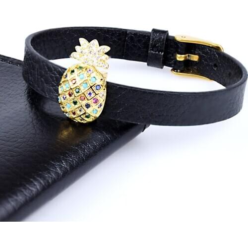 Rainbow Zircon Paved Pineapple Bracelet Leather Adjustable Charm Bracelet & Bangle for Male Women Jewelry Gift