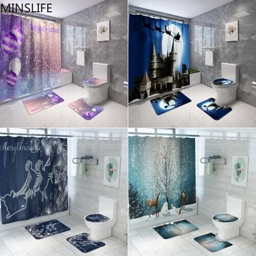 Merry Christmas Shower Curtain Santa Elk Bathroom Set Snowflake Bell Pattern Bath Curtains Non Slip Toilet Cover Floor Mat Rugs