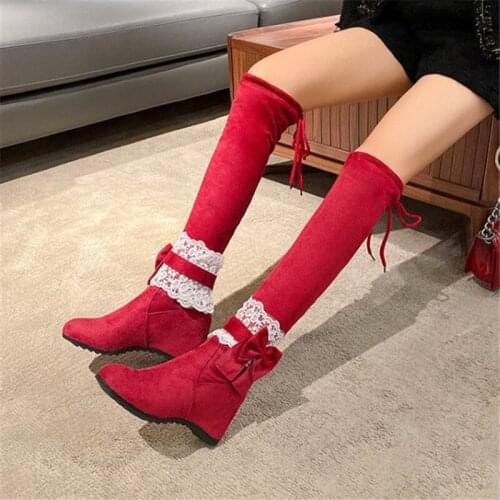 PXELENA Korean Lace Bowtie Lolita Sweet Over The Knee Boots Women Flock Hidden High Heels Slim Stretch Long Boots Princess 34-43
