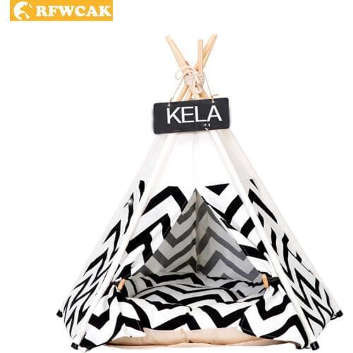RFWCAK Foldable Linen Pet Bed Dog House Washable Tent Puppy Cat Indoor Outdoor Portable Teepee With Mat Kattenmand Pet Supplies