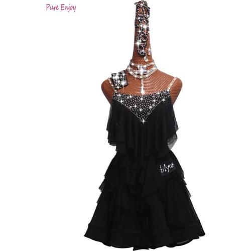 Rhinestones Sexy Latin Dancing Dresses Ladies black Dance Costume Traditional Women Ballroom Competitive Theatrical Garments