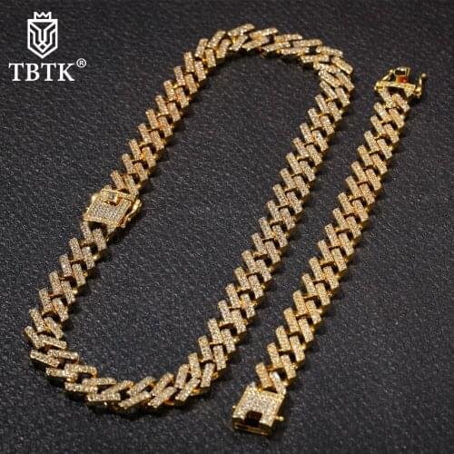 TBTK Fashion Gold NE+BA 15mm Iced Out Cuban Link Chain Neckalce & Bracelet 2 Row Prong Crysta Zinc Alloyl Jewelry Sets Unisex
