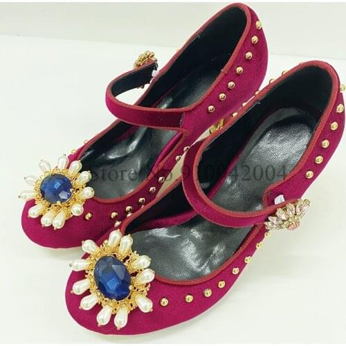 Summer chunky high heel pumps women retro velvet ankle strap crystal flower pumps luxury banquet shoes