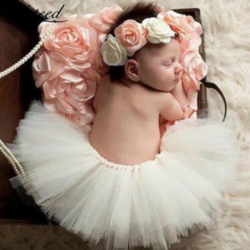 Baby Girls Tutu Skirt Flowers Headband Infant Ball Gown Princess Skirts Baby Photography Props Newborn Photo Costume White Color