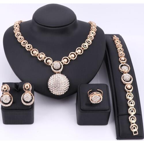 Nigerian Wedding Crystal Jewelry Sets For Women Bridal Dubai Gold Color Accessories African Beads Chokers Party Necklace Ring