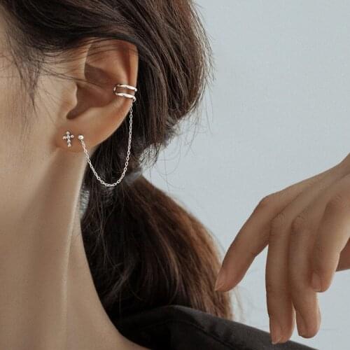 925 Sterling Silver Ear Clip Long Tassel Earrings for Women Cross Ear Cuff Earrings 2021 Trend Korean Fashion Jewelry Gift