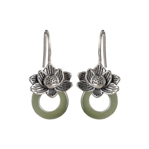 S925 sterling silver Natural Hetian jade Gray jade Eardrops Retro Lotus Peace buckle Ladies Earrings