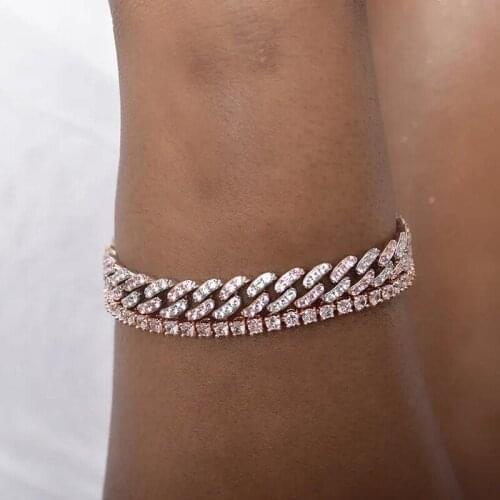 Romantic Fashion iced out blue white pink bling Crystal CZ Miami cuban link chain bracelets Luxury hiphop band jewelry For Women