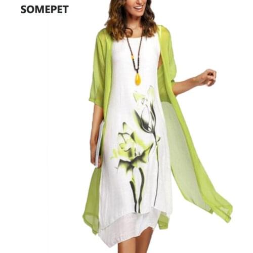 2Pcs/Set Vintage Flower Ink Painting Women Sleeveless Kaftan Dress with Cardigan Casual Women Long Female Tunic Vintage Dress
