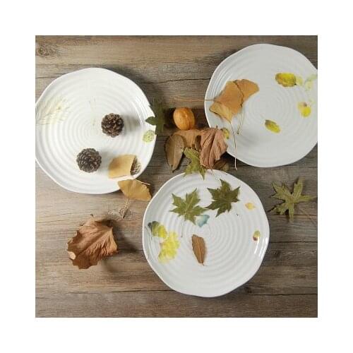 8 Inch Ceramic Dishes & Plates Round Bone China Thread Ginkgo Biloba Leave Printed On-glazed Porcelain Sushi Plate Dessert Dish