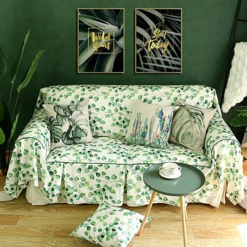 Nordic Green Plants Full Cover Sofa Towel Four Seasons Universal Sofa Cover Cotton Linen Dustproof Non Slip Couch Cover Home