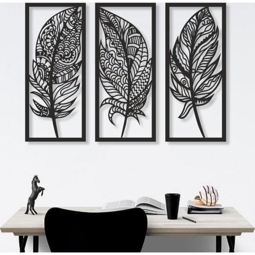 Decorative Wooden Modern Design Laser Cut Feather Themed Wall Decor. Wall Art, Home Office Decoration. Triple Pack. Matte black
