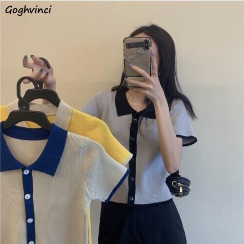 Women Short Sleeve T-shirts Patchwork Simple High Elasticity Turn-down Collar Knitted Soft Slim Fit Comfortable Casual Elegant