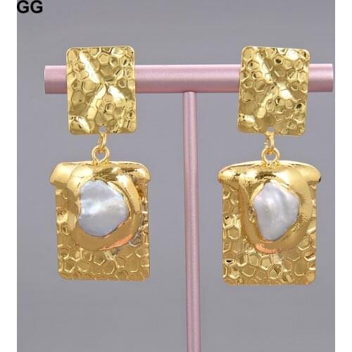 GuaiGuai Jewelry White Keshi Pearl Gold Color Plated Rectangle Earrings For Women