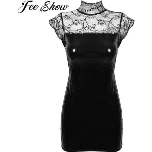 Stand Collar Lace Patchwork Bodycon Patent Leather Dress Sleeveless Zippered Slim Fit Mini Dress Clubwear Party Dancing Costumes