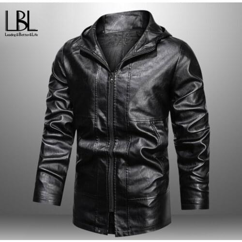 Mens Zipper Hooded Leather Jackets Windbreaker Coats Man Casual Fashion Black Coat Male Clothing Autumn Winter Jackets New 2021