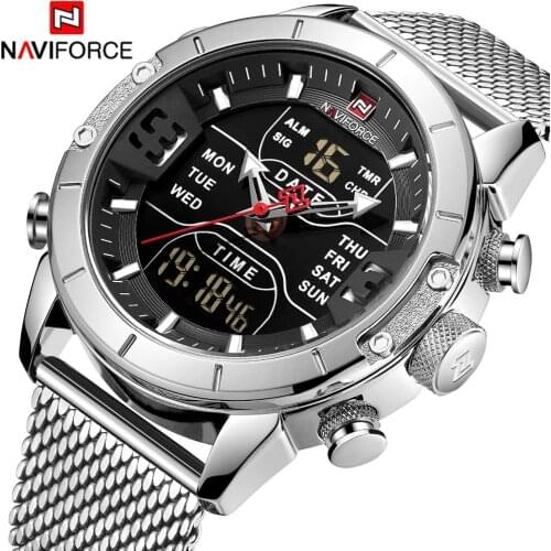 NAVIFORCE Mens Watches Top Brand Luxury Mesh Steel Multiple Time Zone Waterproof Watch For Men Silver Watch Relojes Para Hombre