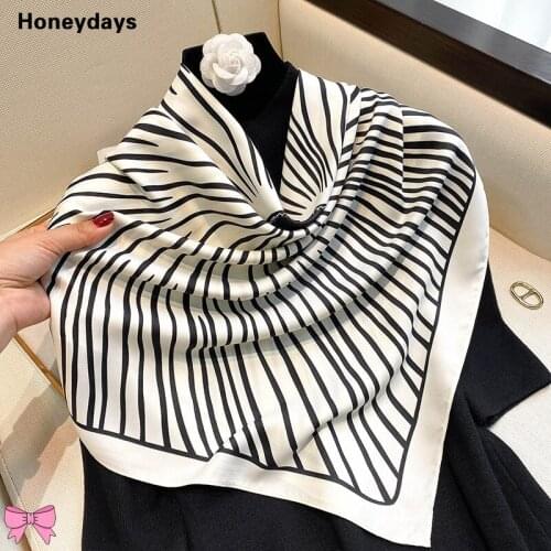 New Fashion Design Cotton+silk Square Scarf Women Black White Stripe Dot Handscarves Shawl Ladies Warm Neckerchief Retro Bandana