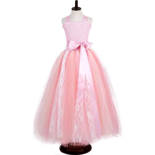 Pink Vintage Lace Kids Dresses for Girls Long Sleeveless Party Dress Kids Birthday Costume Child Tulle Lace Patchwork Tutu Dress