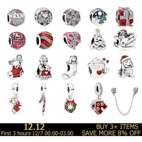 New Christmas Gift Red House Santa Dog Sock Diy Bead Fit Original Pandora Charms Silver 925 Bracelet for Girl Fashion Jewelry