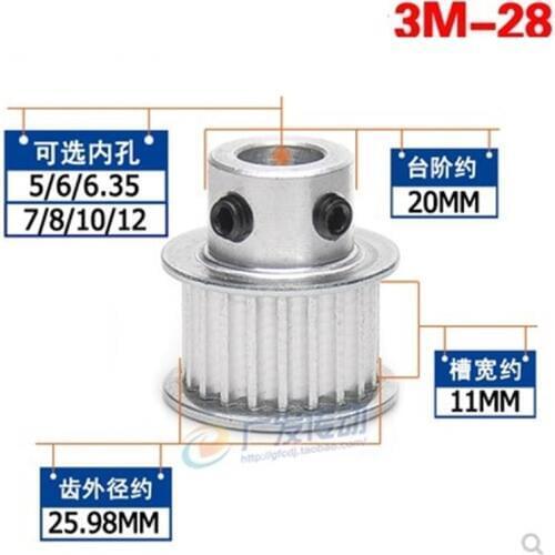 1pcs HTD3M 28T Timing Pulleys 28 Teeth 5/6/6.35/7/8/10/12mm Inner Bore 3mm Pitch 11mm Width Timing Belt Pully for CNC Machines